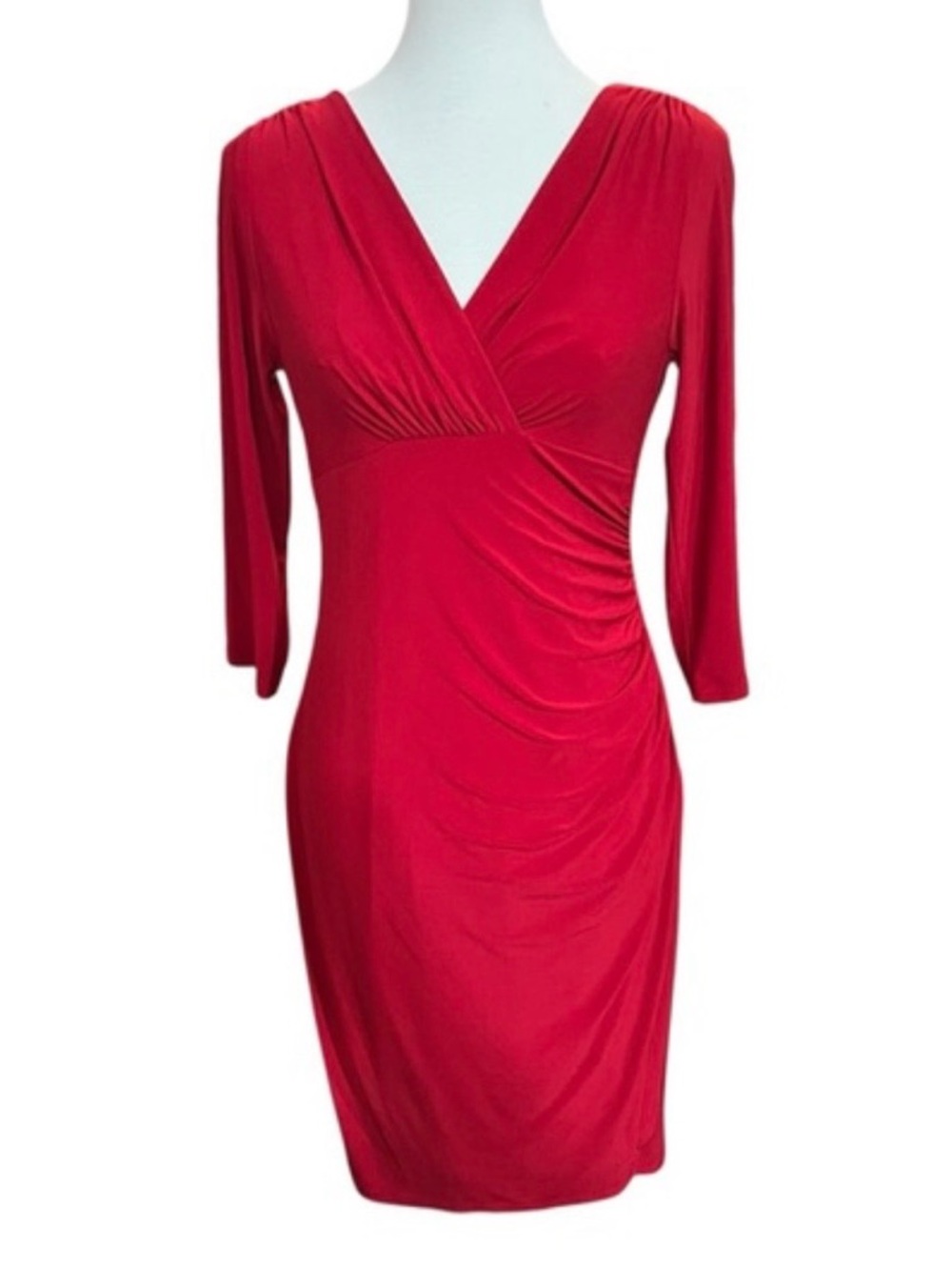 Lauren Ralph Lauren Red Ruched V-Neck Long Sleeve Dress